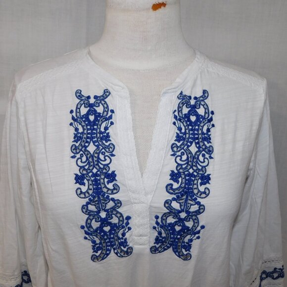 Lauren Ralph Lauren M White Blue Embroidered Tunic Top Boho Peasant Blouse - Picture 3 of 12